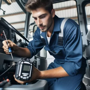 Technicien installant une balise de géolocalisation dans un véhicule d'entreprise