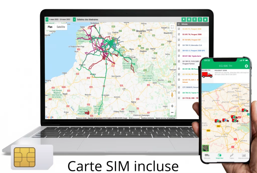 Géolocalisation de véhicules (schéma des trajets, suivi en temps réel) sur PC ou smartphone