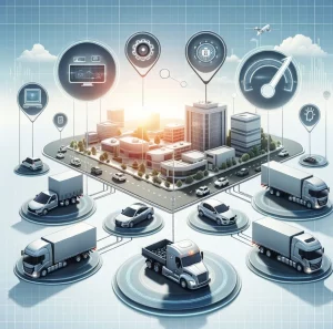 Illustration de flotte de véhicules avec télématique et graphique de consommation de carburant