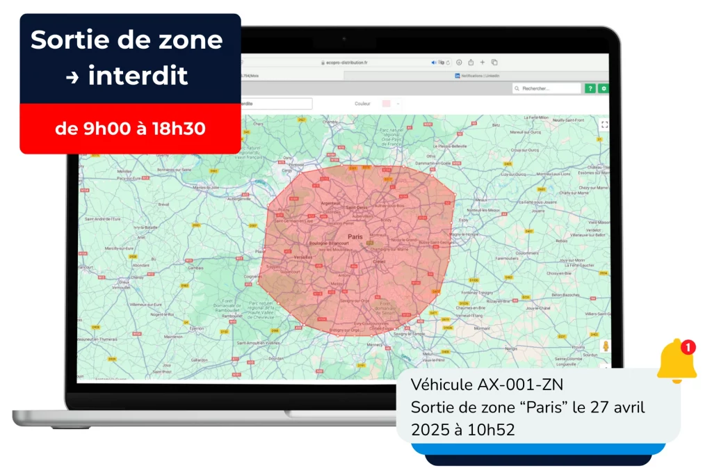 Notification d’alerte de sortie de zone géographique pour suivi de géoloc